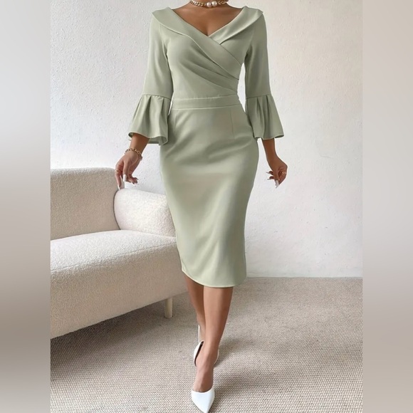 Sage Green Bell Sleeve Midi Dress - Picture 5 of 5